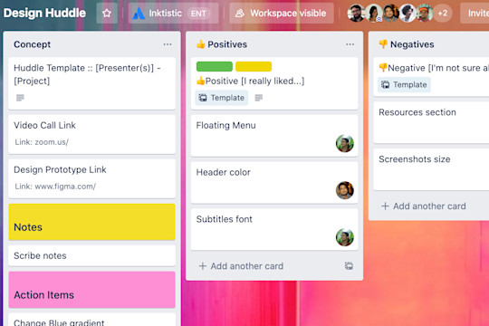 A view of a Trello board depicting three columns for a design huddle -  Concept, Positives, Negatives.