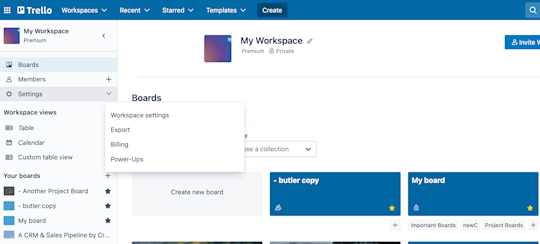 An image showing how to access security and administrative features in a Trello Workspace